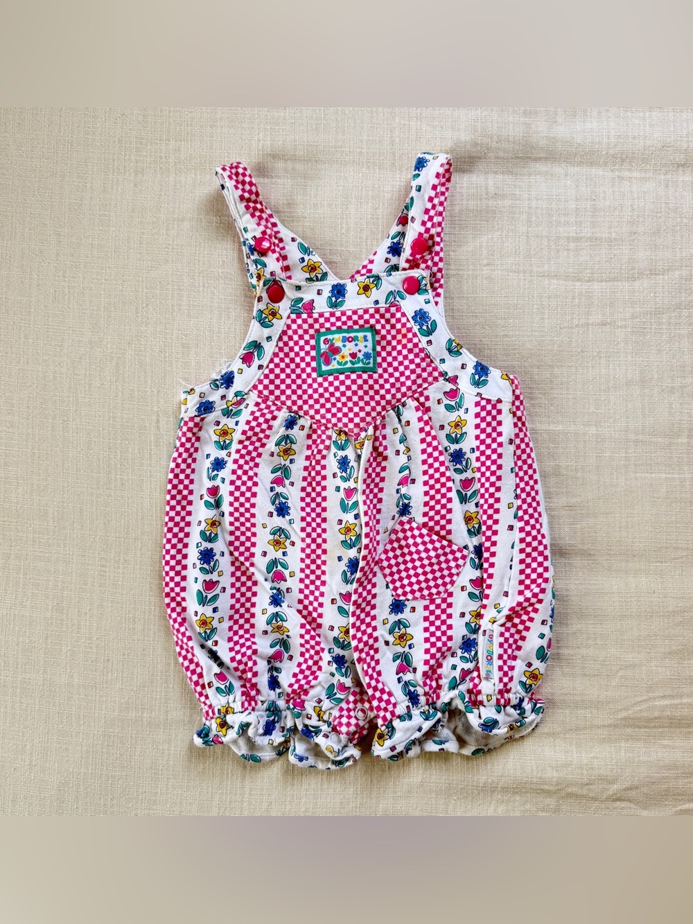 Vintage 90s Gymboree Floral Checkered Bubble Overalls Romper XS Cotton